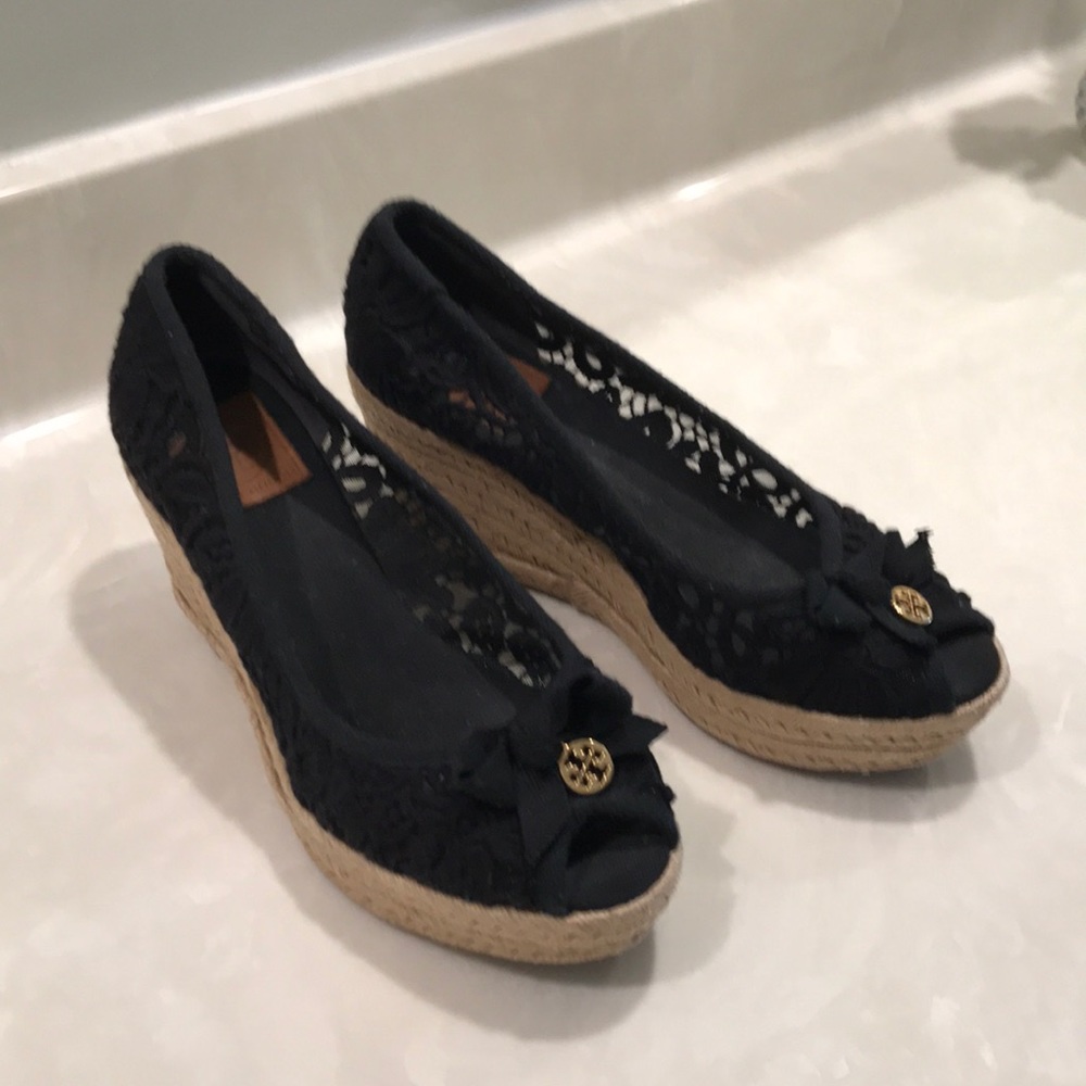 TORY BURCH ESPADRILLES.  Peep toe canvas wedge.